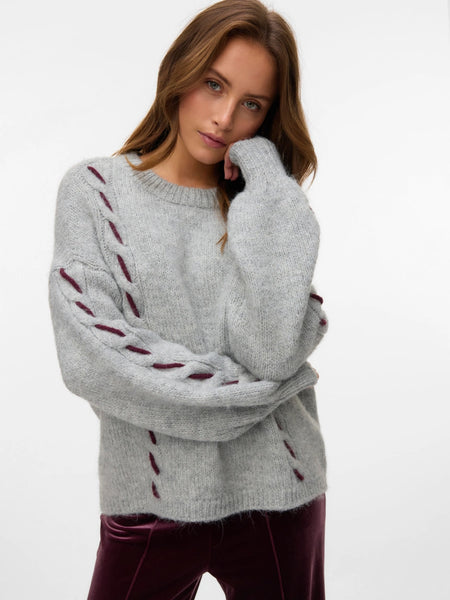 VM Cable Knit Jumper with Contrast Handstitch Detail In Grey