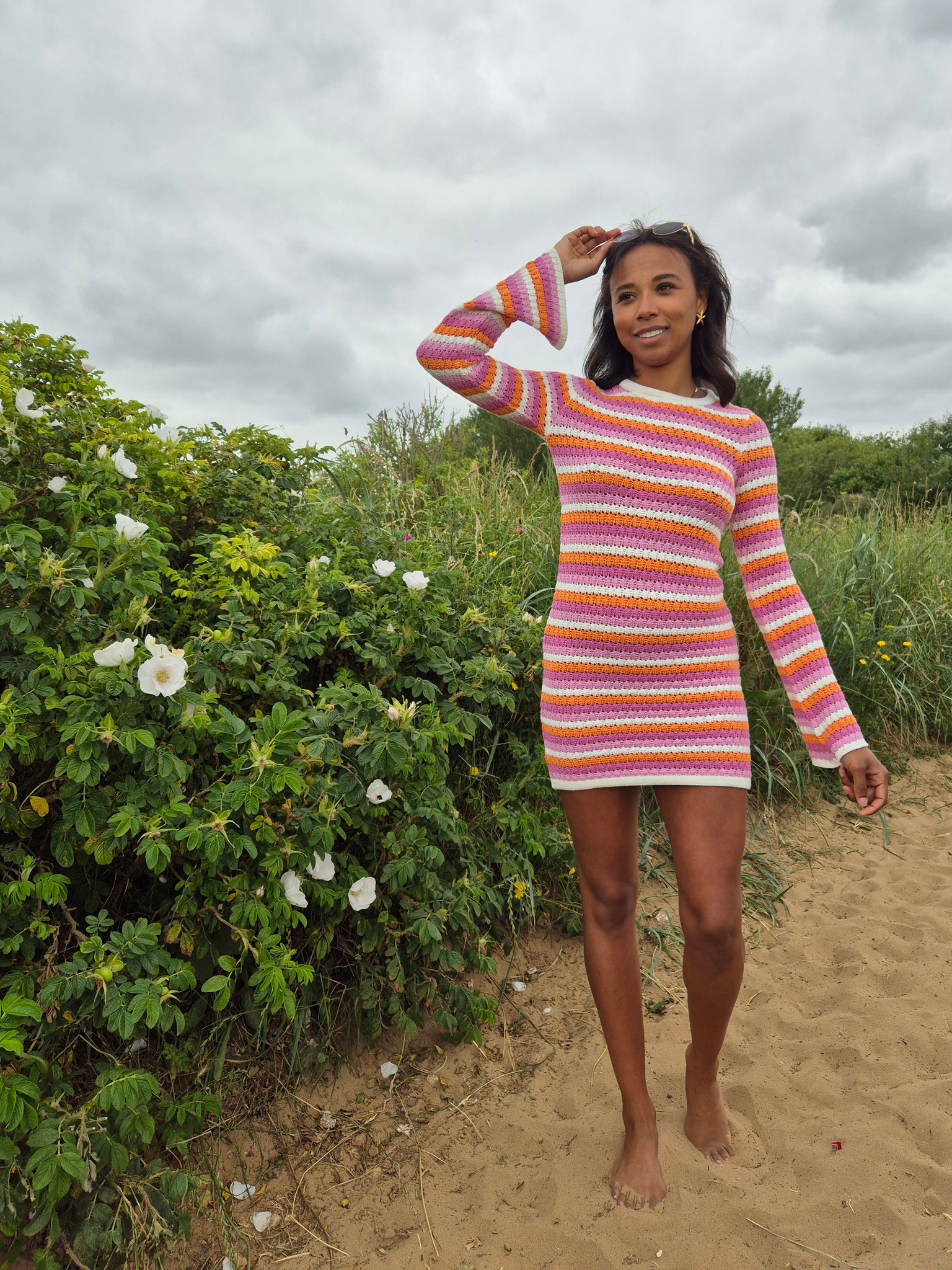 Something New Pink Crochet Long Sleeve Mini Dress