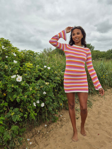 Something New Pink Crochet Long Sleeve Mini Dress