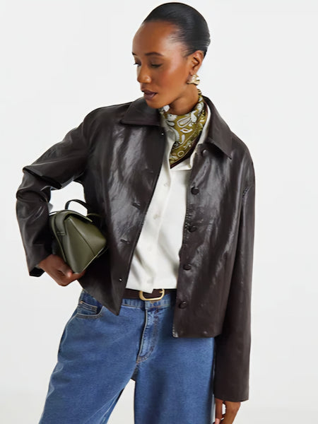 JDY Faux Leather Collared Jacket In Chocolate Brown