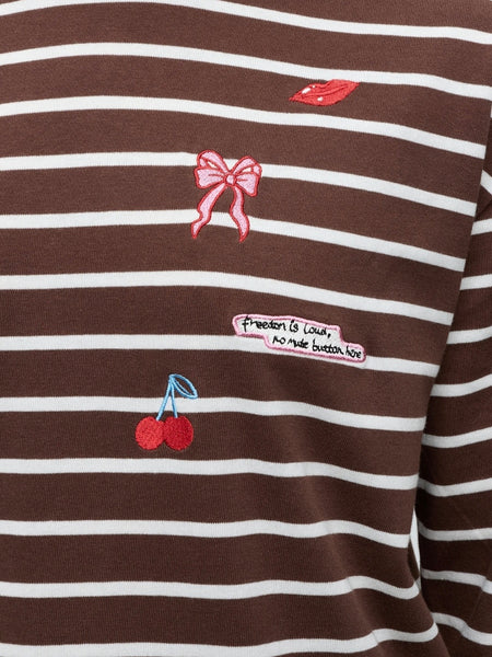 Pieces Long Sleeve Oversized Embroidered Rugby Tshirt In Brown Stripe