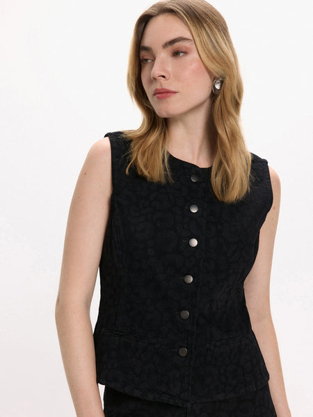 Vila Denim Leopard Print Waistcoat Co-ord In Black
