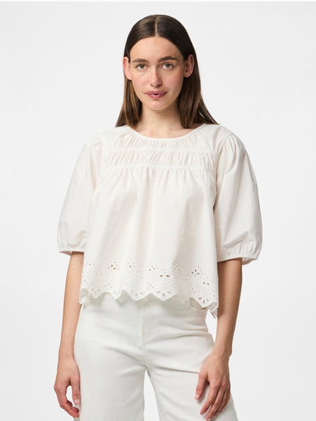 Pieces Short Sleeve Tie Back Top With Embroidery Detail In White