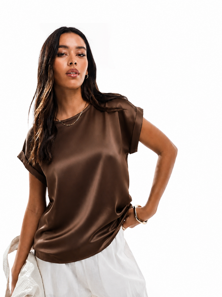 Vila Satin Front Short Sleeve Tshirt In Brown