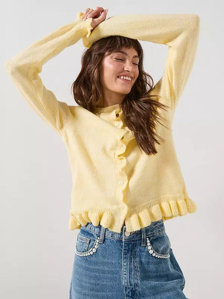 JDY Ruffle Hem Knitted Cardigan In Lemon