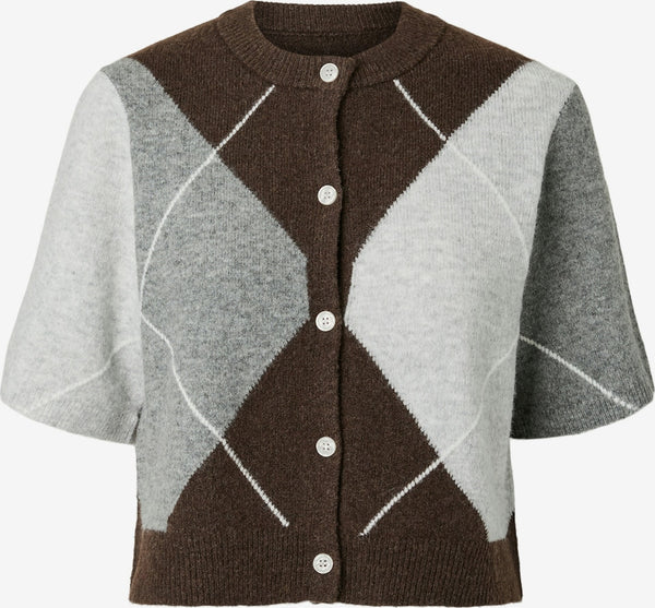 Pieces Argyle Short Sleeve Knit Cardigan In Brown