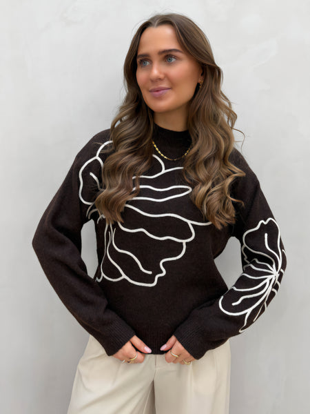 JDY Flower Stitch Jumper In Brown