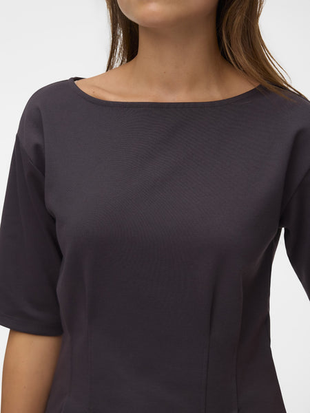 VM Boatneck Cinch Waist Short Sleeve Top In Chocolate Brown