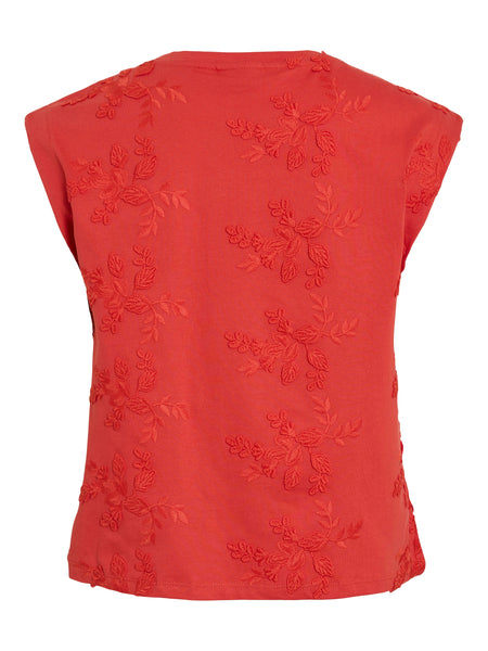 Vila Sleeveless Embroidered Top In Aurora Red