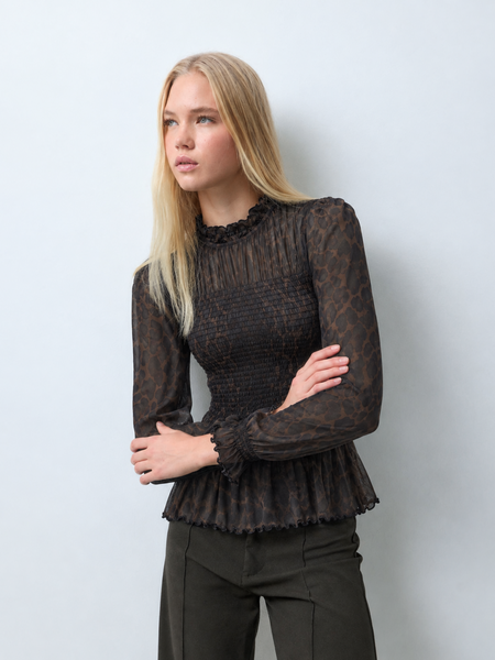 JDY Leopard Print Peplum Hem Shirred Mesh Top
