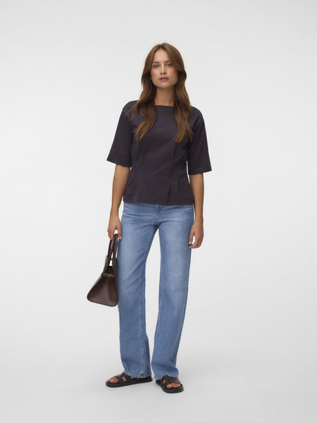 VM Boatneck Cinch Waist Short Sleeve Top In Chocolate Brown