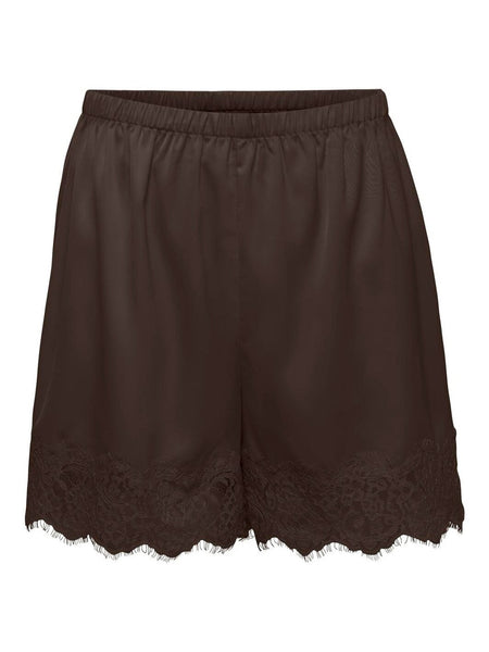 JDY Satin Lace Trim Shorts In Chocolate Brown