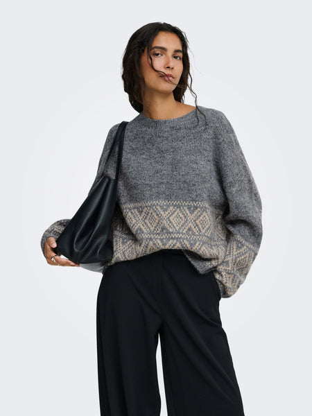JDY Fairisle Nordic Knit Jumper In Grey