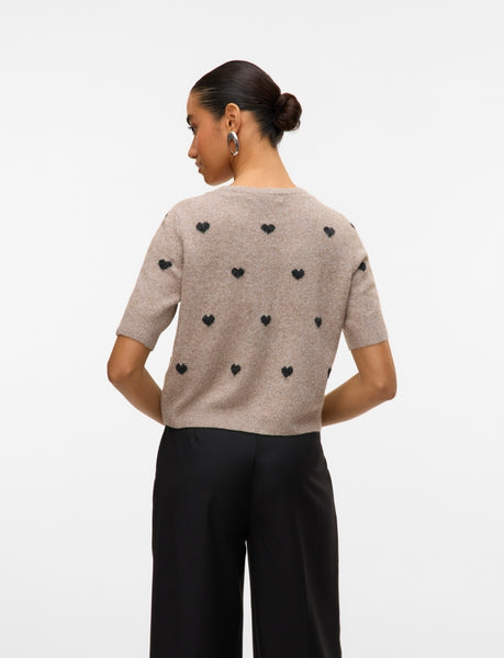 VM Short Sleeve Heart Knit Cardigan In Oatmeal