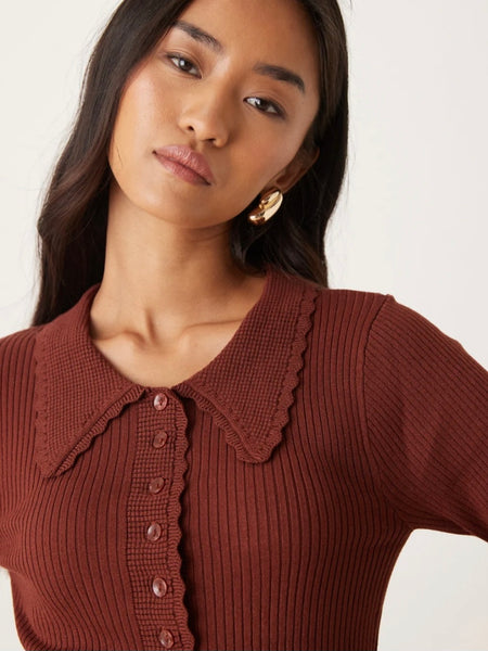 JDY Collared Button Front Ribbed Top In Rust