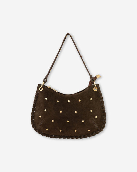 Studded Suede Crossbody Bag 100% Leather In Chocolate Brown