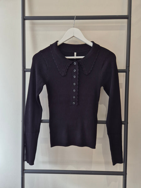 JDY Collared Button Front Ribbed Top In Black