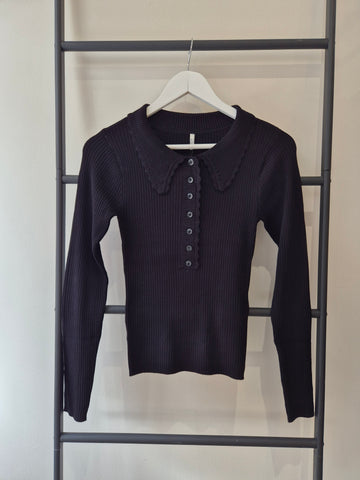 JDY Collared Button Front Ribbed Top In Black