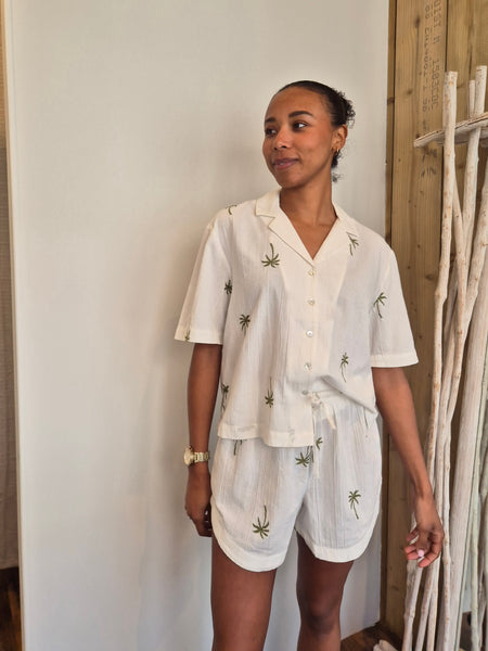 Pieces Cheesecloth Embroidered Palm Tree Shirt & Short Co-ord Set - Items Sold Separately