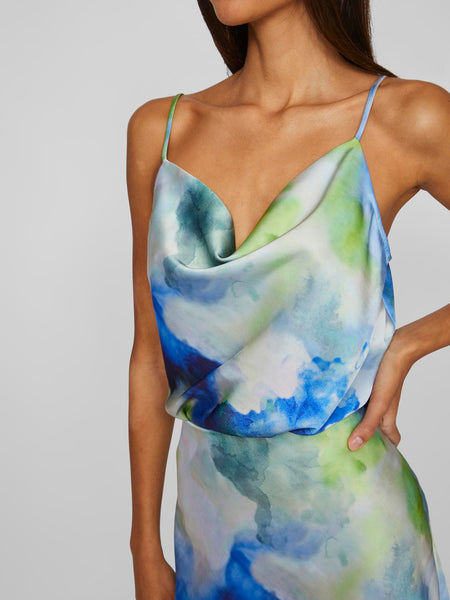 Vila Tie Dye Satin Cowlneck Cami & Midi Skirt Co-ord Set