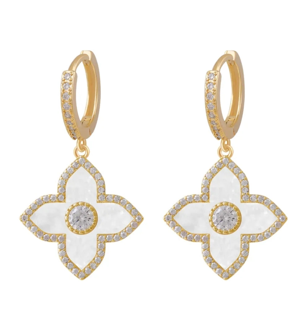 Gold Diamante Fleur Drop Hoop Earrings - Two Colourways