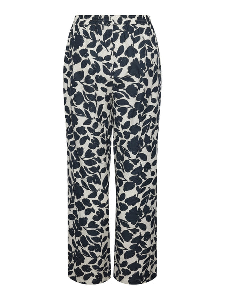 Pieces Linen Navy Floral High Waist Wide Leg Trousers