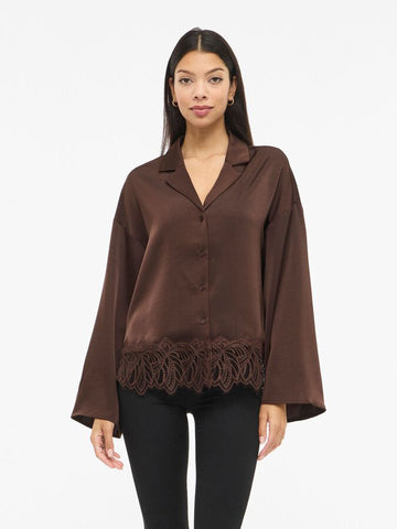 Vila Lace Trimmed Satin Shirt in Chocolate Brown