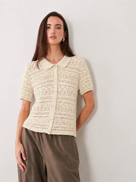 VM Short Sleeve Crochet Poloneck Top In Birch