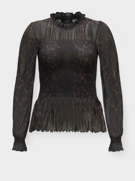 JDY Leopard Print Peplum Hem Shirred Mesh Top