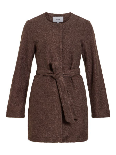Vila Round Neck Classic Belted Coat In Chocolate Brown