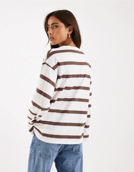Pieces Long Sleeve Oversized Rugby Tshirt In Chocolate Brown Stripe