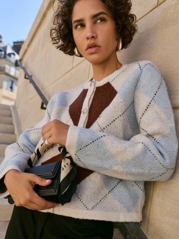 Vila Argyle Check Round Neck Knit Cardigan