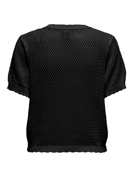 Only Short Sleeve Gold Button Front Crochet Cardigan In Black