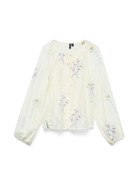 VM Floral Embroidered Tie Neck Long Sleeve Blouse