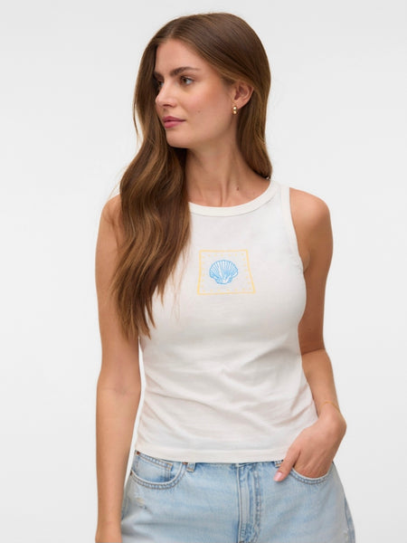 VM Embroidered Blue & Yellow Seashell Vest Top In White