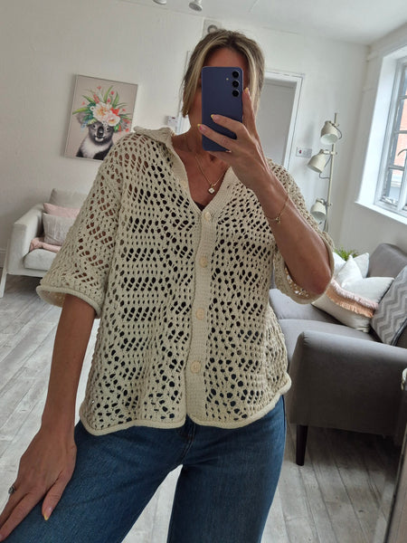 Pieces Short Sleeve Crochet Knit Cardigan