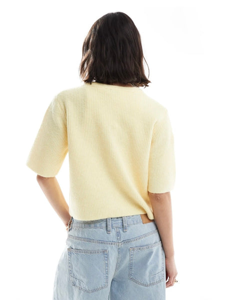 Pieces Soft Knit Short Sleeve Cardigan In Lemon