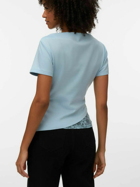VM Boatneck Short Sleeve Ruched Lace Trim Top In Blue