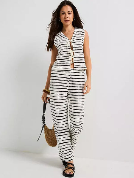 Only Tie Front Waistcoat & Wide Leg Knit Trouser Co-ord Set In Black Stripe - Items Sold Separately