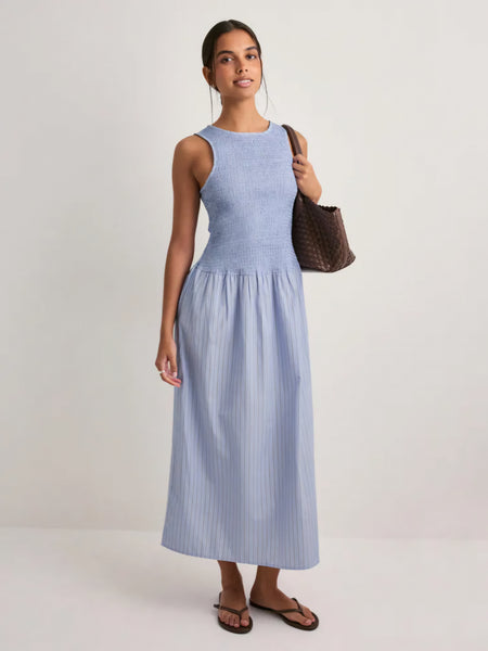 VM Shirred Bodice Midi Dress In Blue Pinstripe