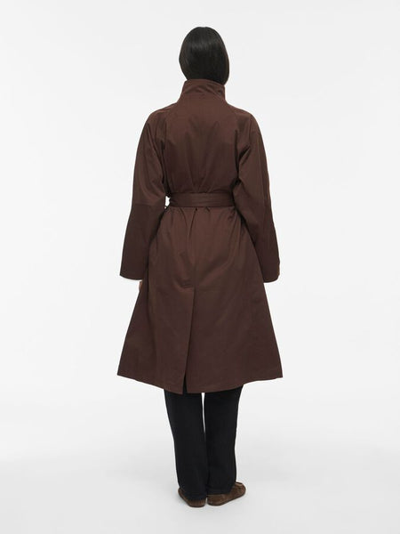 Vila Belted Funnel Neck Trench Coat In Dark Brown