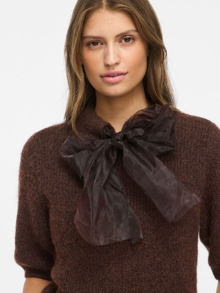 Vila Tie Neck Short Sleeve Knit Top In Brown