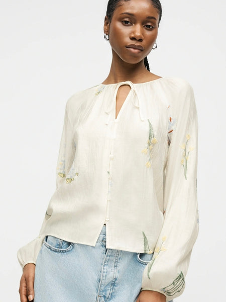 VM Floral Embroidered Tie Neck Long Sleeve Blouse