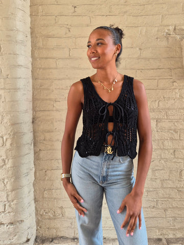 Only Crochet Tie Front Knit Waistcoat In Black