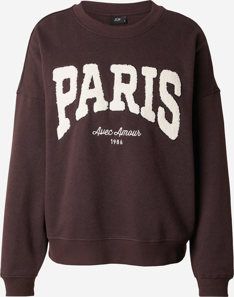 JDY Embroidered Paris Sweatshirt In Chocolate Brown