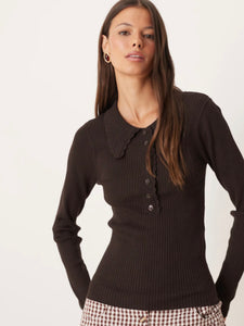 JDY Collared Button Front Ribbed Top In Chocolate Brown