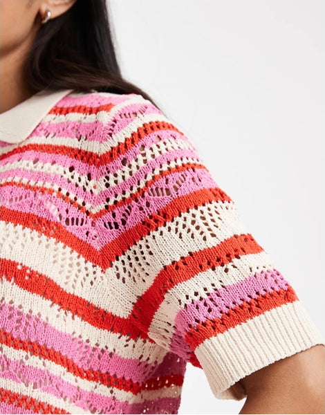 Only Short Sleeve Crochet Polo Knit Top In Pink