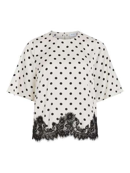 Vila Polka Dot Satin Lace Trim Blouse