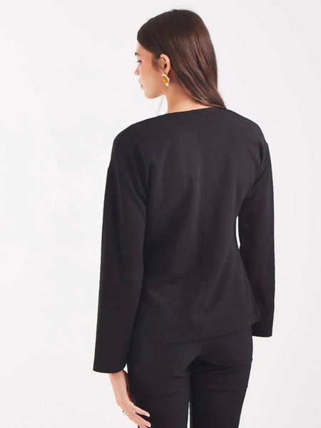 VM Asymmetric Wrap Front Long Sleeve Top In Black
