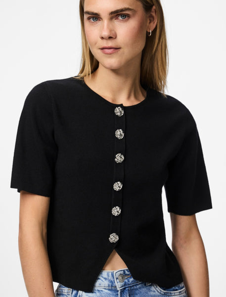 Pieces Button Front Short Sleeve Knit Top In Black